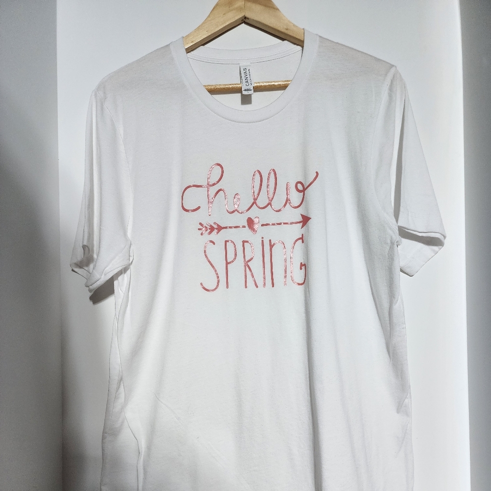 Hello spring tshirt, white shirt, size large shirt, handmade shirt